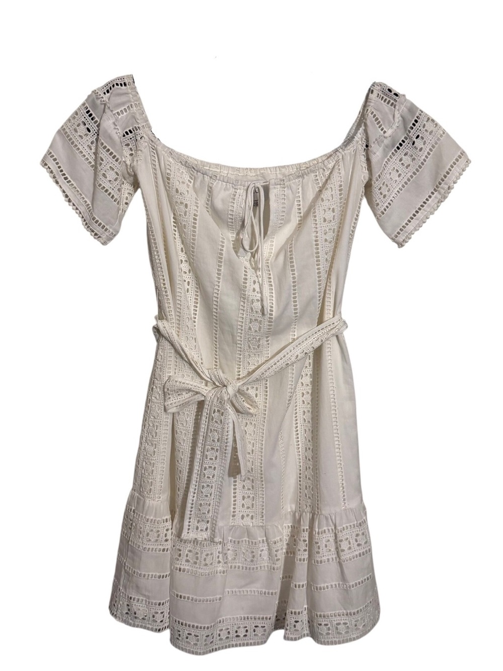 Saylor X-Small White Eyelet Belted Mini Dress Boho Western Embroidered Cotton